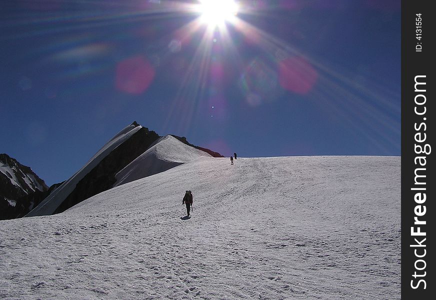 Mountains. Caucasus.Kabardino-Balkariya. Bezengi. Climbers. The height is abt 4000 m, above sea level.