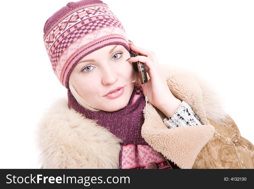 Serious Young Woman Dressed For Winter Talks A Mob