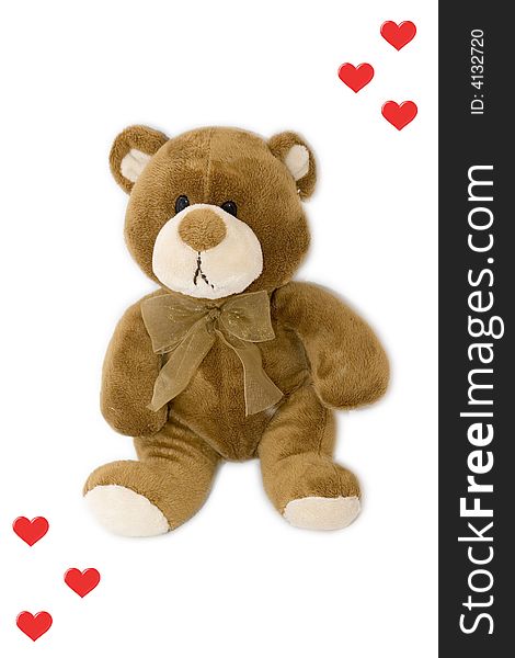 Sad teddy bear isolated on white with red  hearts