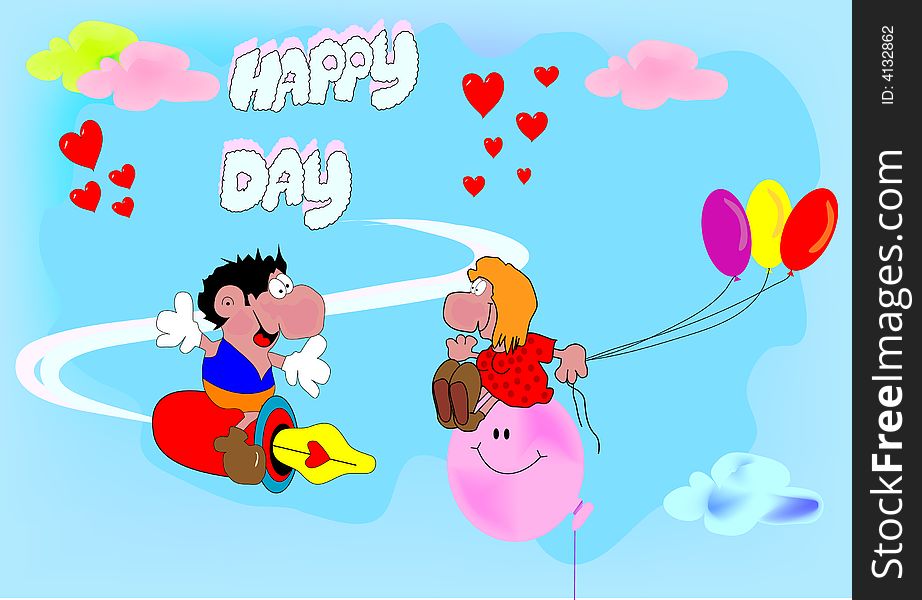 Boy and girl on clouds celebrate birthday. Boy and girl on clouds celebrate birthday