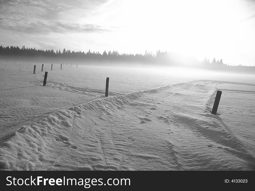 Snow covered field road taken against the sun. Snow covered field road taken against the sun.