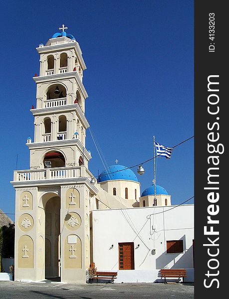 Church in Perissa village in Greece in Santorini