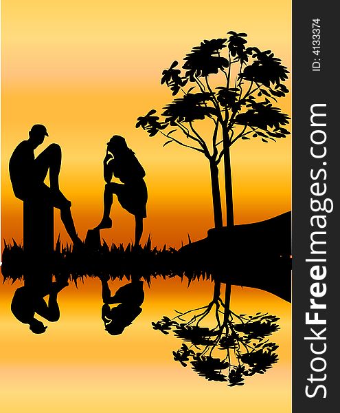 Silhouette of young romantic couple relaxing together by a river