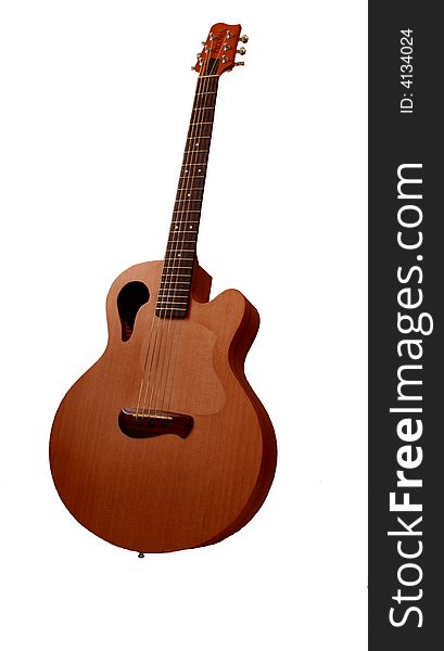 Wooden brown acoustic guitar body on all white background