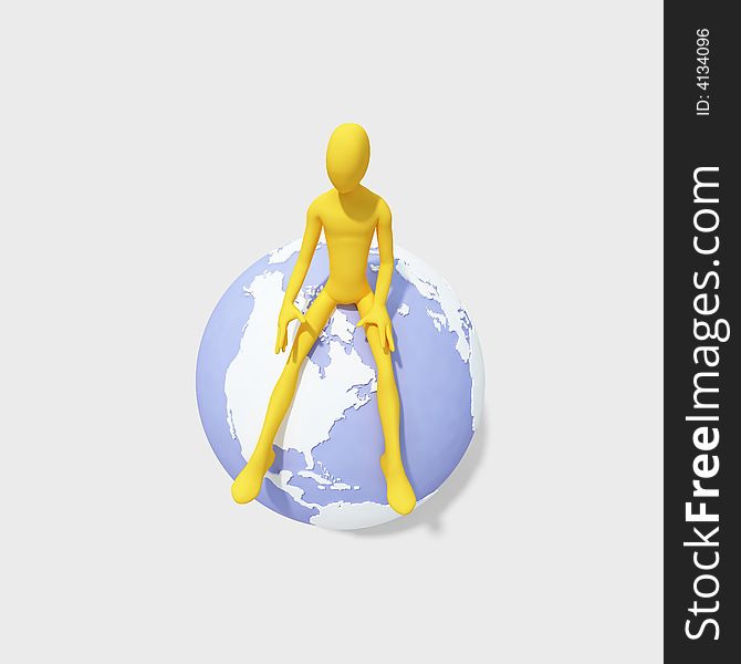 3d man sitting on globe, isolated on white