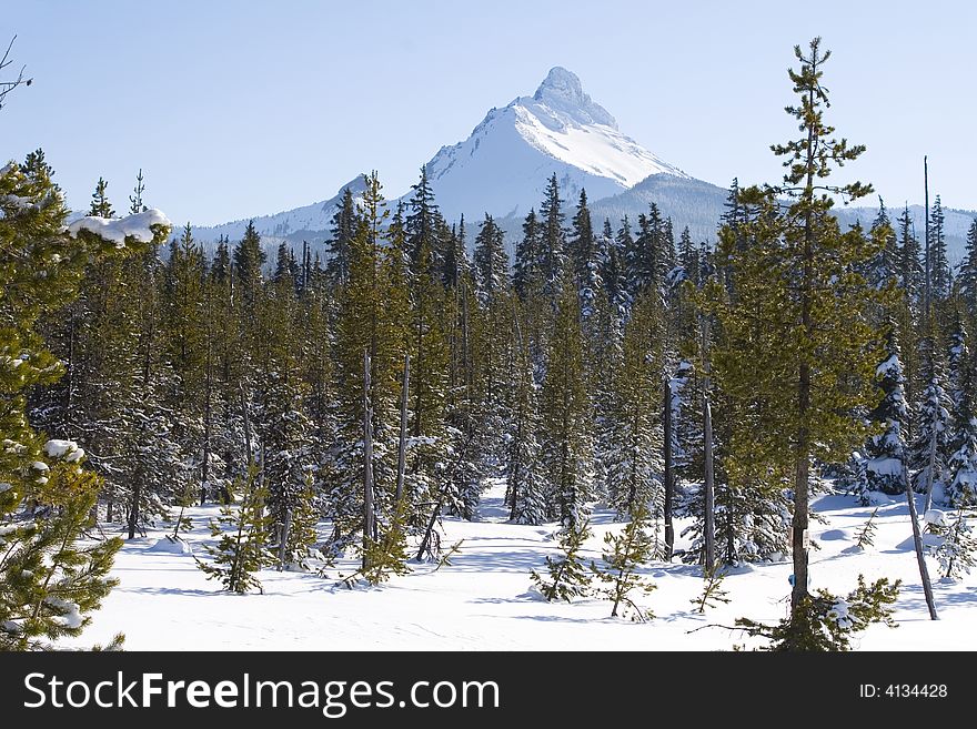 Three Fingered Jack mountain in Oregon in Winter