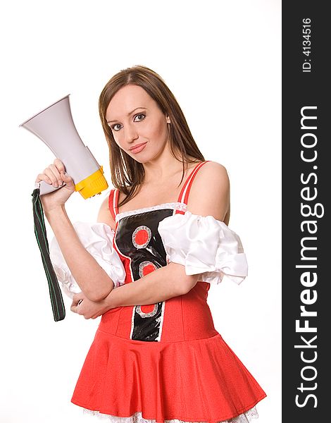 Beautiful young girl with megaphone on white