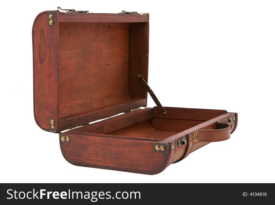 Small, leather and wooden vintage suitcase on white background. Ready for a trip or storage. Small, leather and wooden vintage suitcase on white background. Ready for a trip or storage.