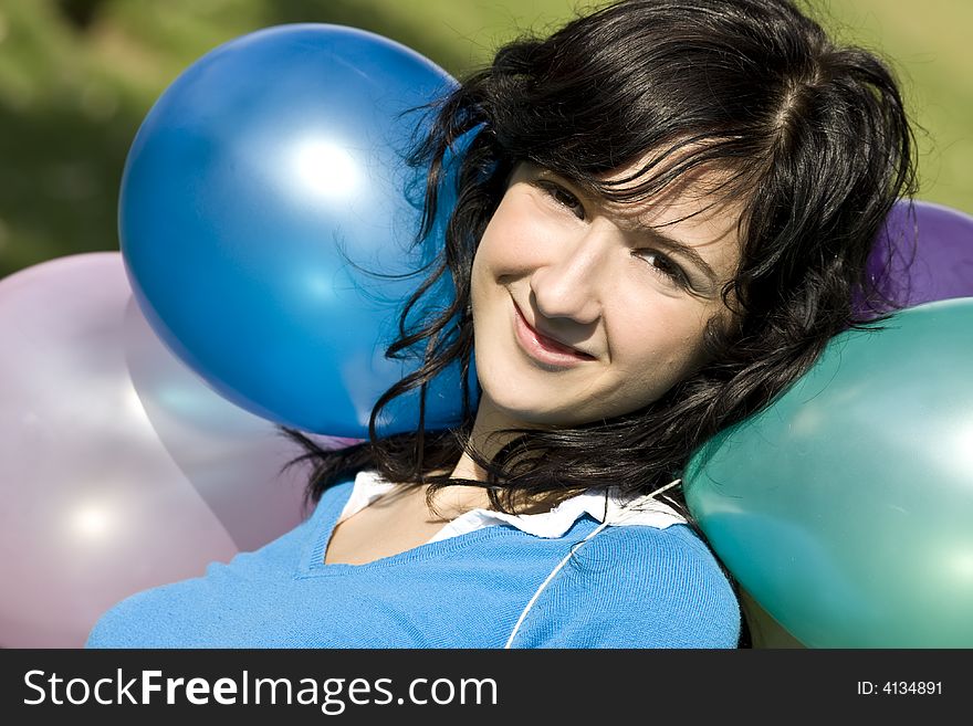 Beautiful teen in balloons background. Beautiful teen in balloons background