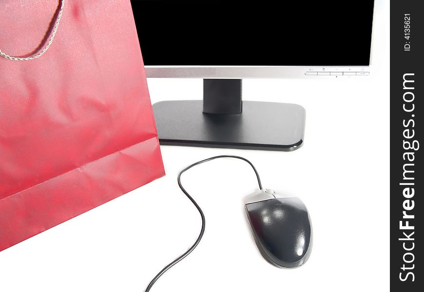 Wide Screen LCD Computer Monitor, Mouse and Gift bag (Isolated on white background). Wide Screen LCD Computer Monitor, Mouse and Gift bag (Isolated on white background)