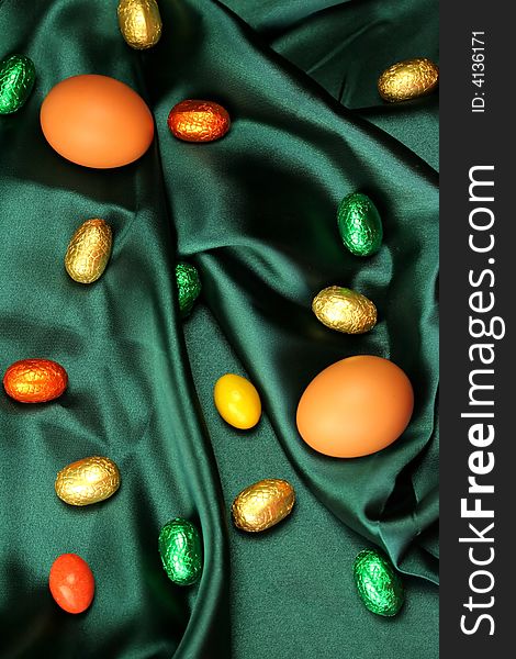 Easter Eggs on Green Background