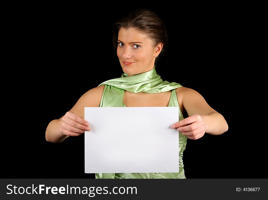 Young nice women with blank paper ofer black background. Young nice women with blank paper ofer black background