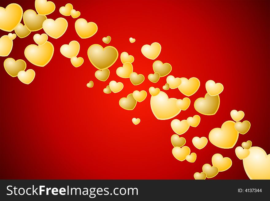 Vector illustration of golden hearts over red