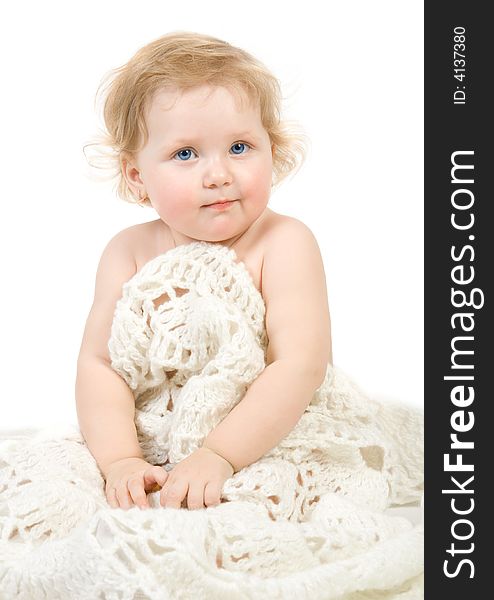 Happy pretty baby portrait with scarf. Isolate on white. Happy pretty baby portrait with scarf. Isolate on white.