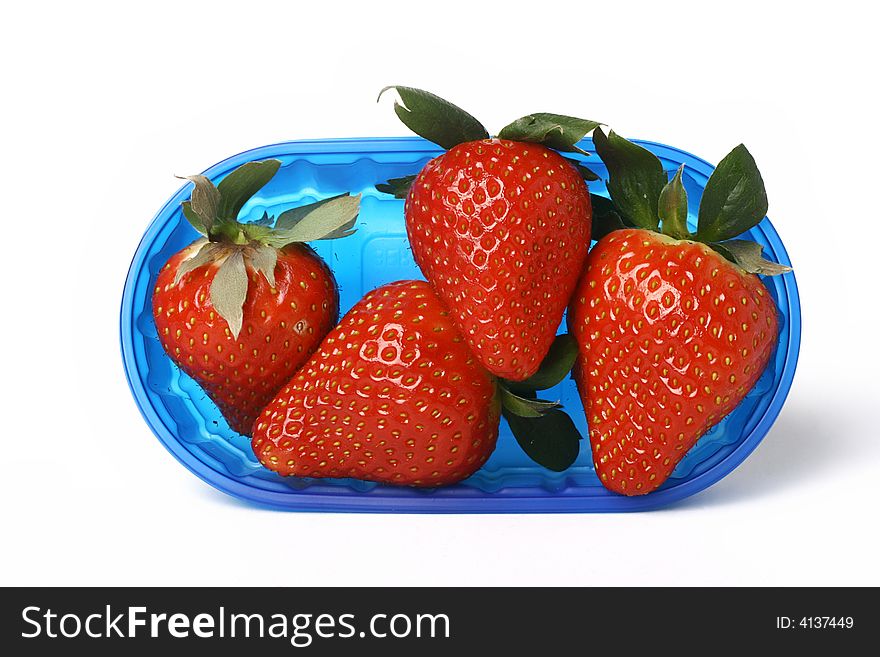 Fresh strawberris in blue box. Fresh strawberris in blue box