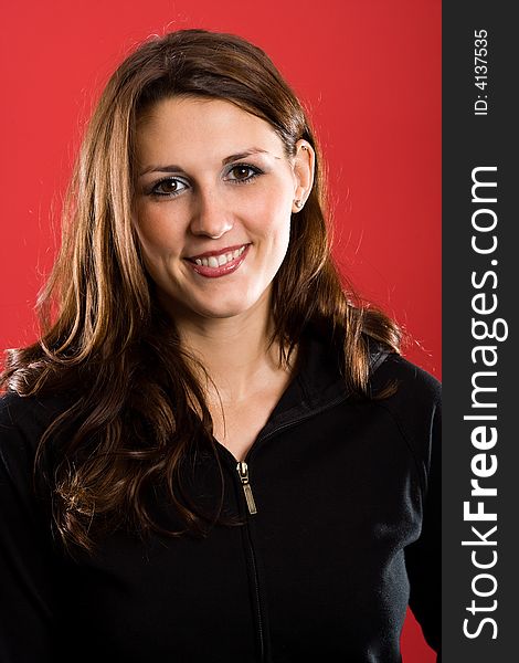 Woman smiles at you. Red background. Variation. Woman smiles at you. Red background. Variation.