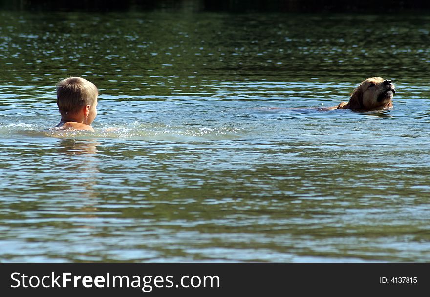 Buy and golden retriever swimming in the river. Buy and golden retriever swimming in the river.