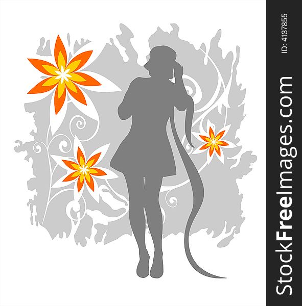 Ornate female silhouette on a gray background with  flowers and curls. Ornate female silhouette on a gray background with  flowers and curls.