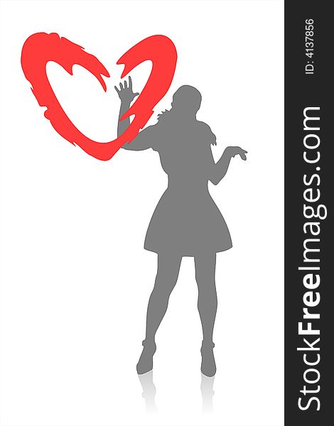 Gray female silhouette and ornate heart on a white background. Gray female silhouette and ornate heart on a white background.