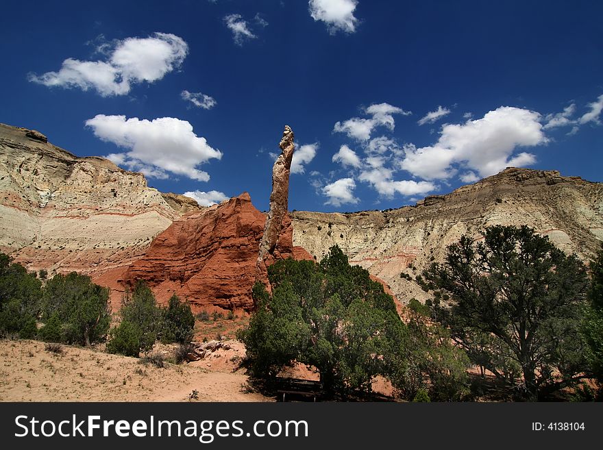 View of the red rock formations in Kodachrome Basin with blue skys and clouds. View of the red rock formations in Kodachrome Basin with blue skys and clouds