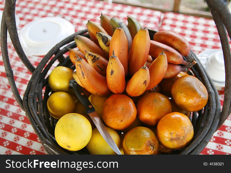 Wooden Dish of exotic fruits