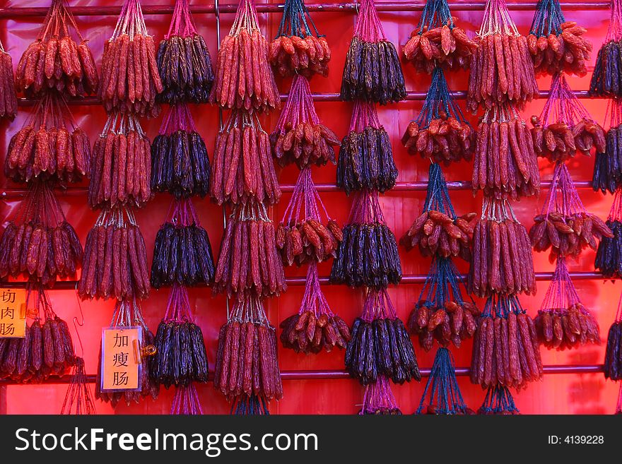 Rows upon rows of chinese waxed sausages