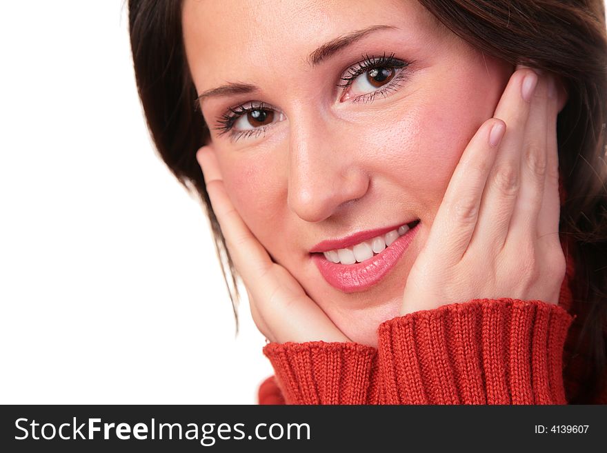 Woman in red sweater on white