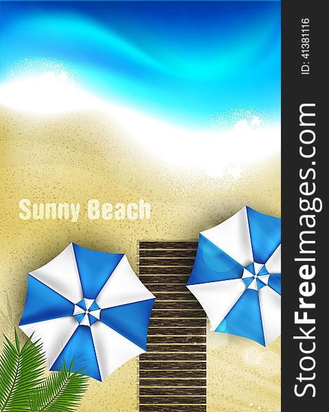 Azure coast with beach umbrellas, palm tree