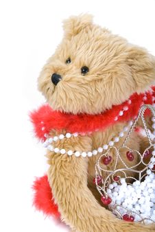 Teddy Bear And Basket Of Beads Stock Photos