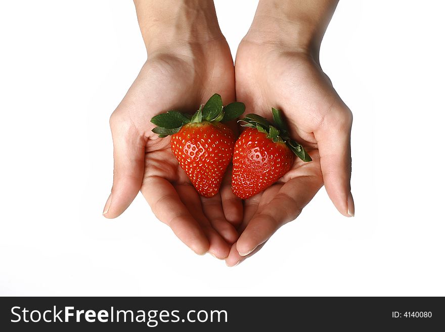 Two tasty strawberries in two woman hands. Two tasty strawberries in two woman hands