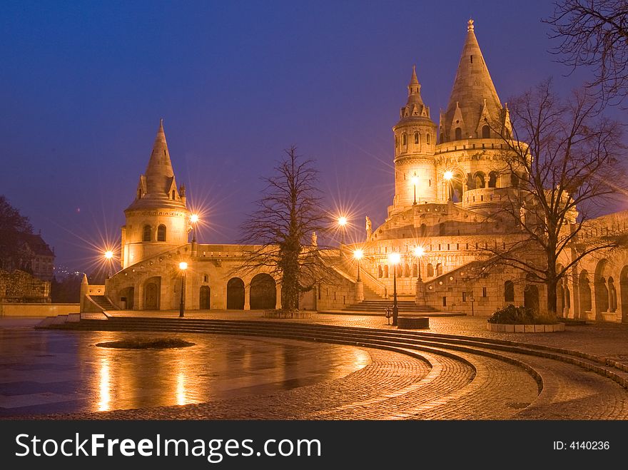 Evening at Fisher's Bastion in Budapest, Hungary.
