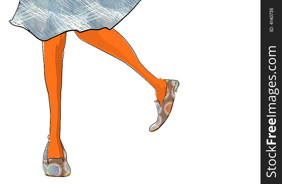 Two brown legs from knee trough feet, with shoes and a skirt blue textured skirt. Two brown legs from knee trough feet, with shoes and a skirt blue textured skirt.