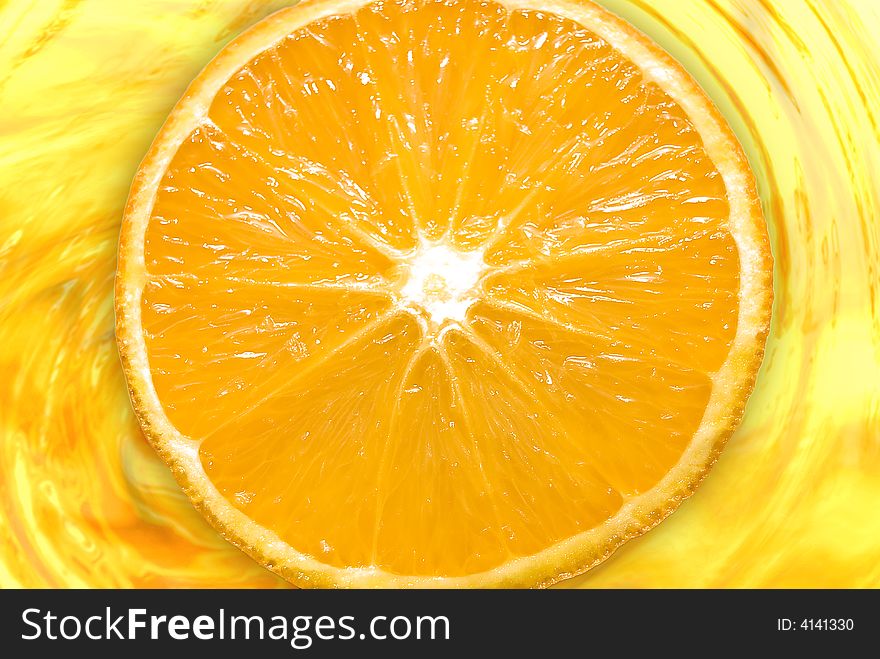 Fesh slice of orange over juice background. Fesh slice of orange over juice background