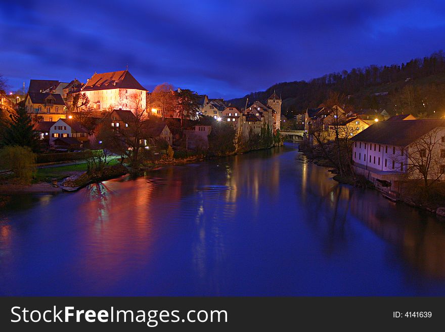 Swiss town Brugg in the night, HDR of 3 shots. Swiss town Brugg in the night, HDR of 3 shots
