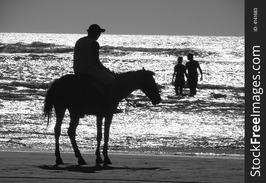 Man and Horse at the beach with a couple. Man and Horse at the beach with a couple