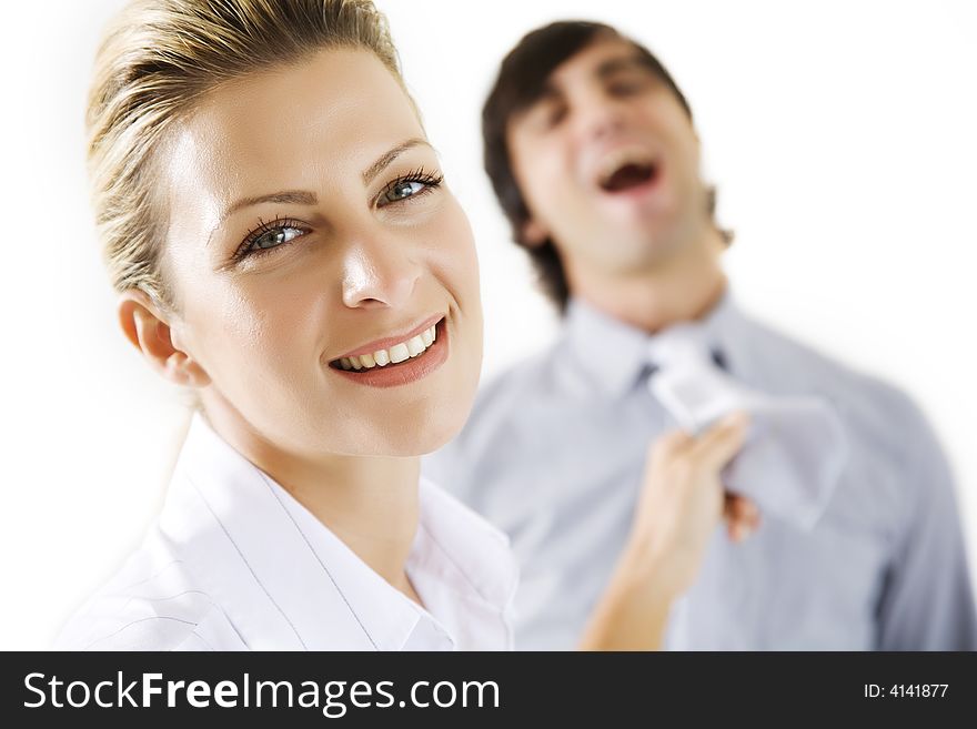 Businesswoman pulling tie