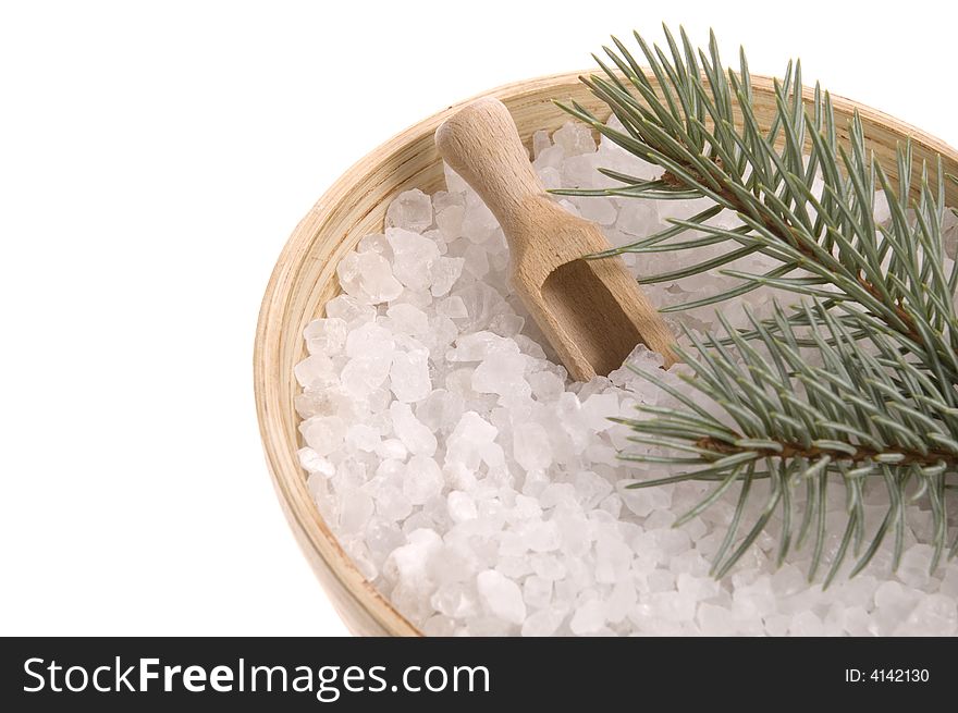 Pine bath items. sea salt with fresh branch isolated on the white background. Pine bath items. sea salt with fresh branch isolated on the white background