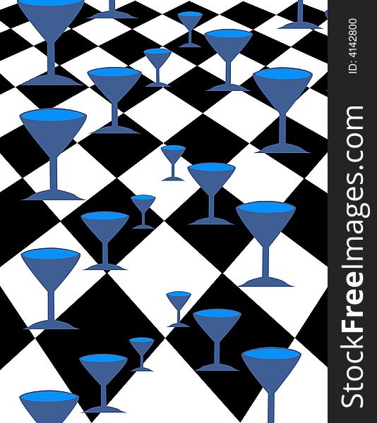 Varied scale wine glasses on black checker pattern table clothe. Varied scale wine glasses on black checker pattern table clothe