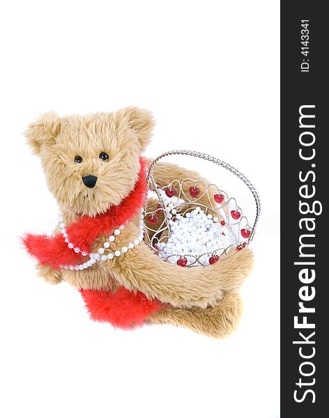 Teddy bear with valentine decorative basket with white beads. Teddy bear with valentine decorative basket with white beads