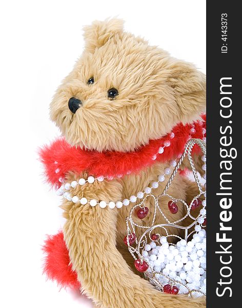 Teddy bear with valentine decorative basket with white beads. Teddy bear with valentine decorative basket with white beads