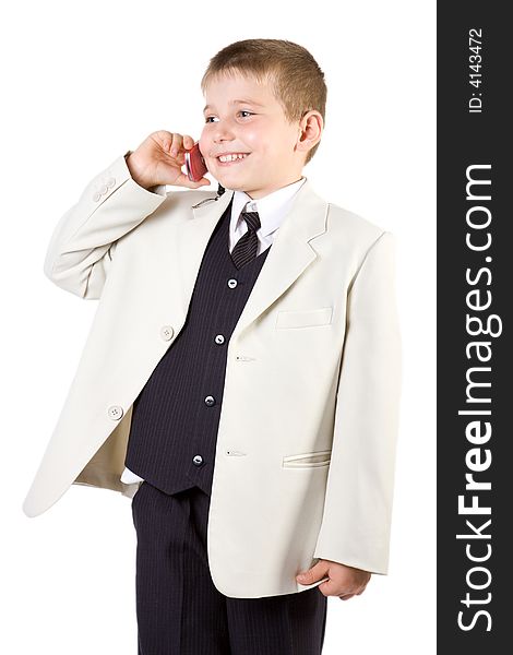 Well-dressed boy like businessman calling at mobile phone isolated on white. Well-dressed boy like businessman calling at mobile phone isolated on white