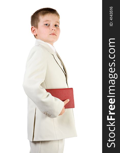 Well-dressed pride boy hold red book. Isolated on white. Well-dressed pride boy hold red book. Isolated on white