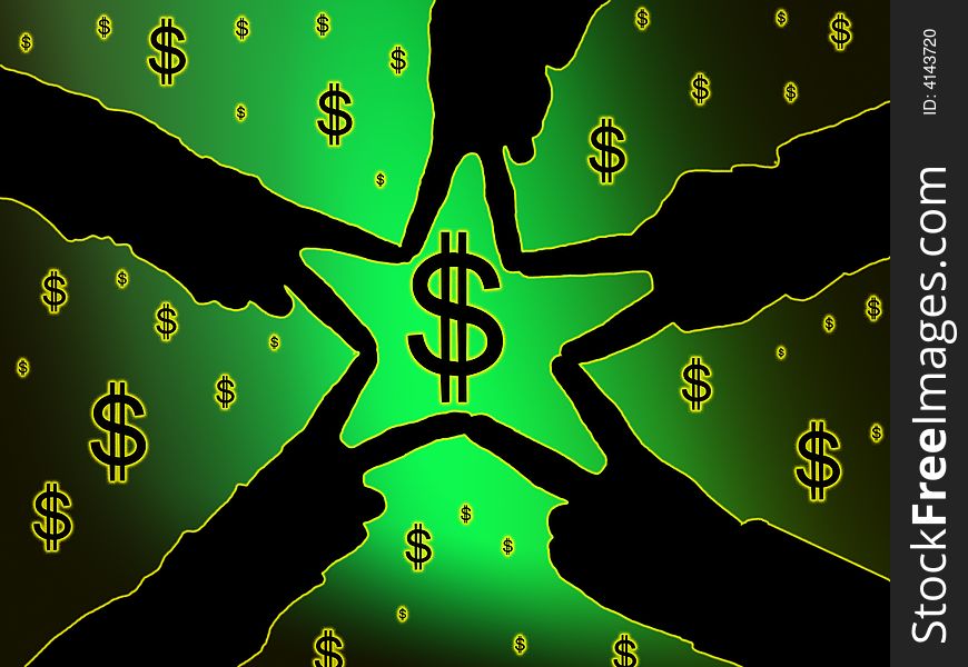 Fingers touching to create a star framing the american dollar symbol. Fingers touching to create a star framing the american dollar symbol