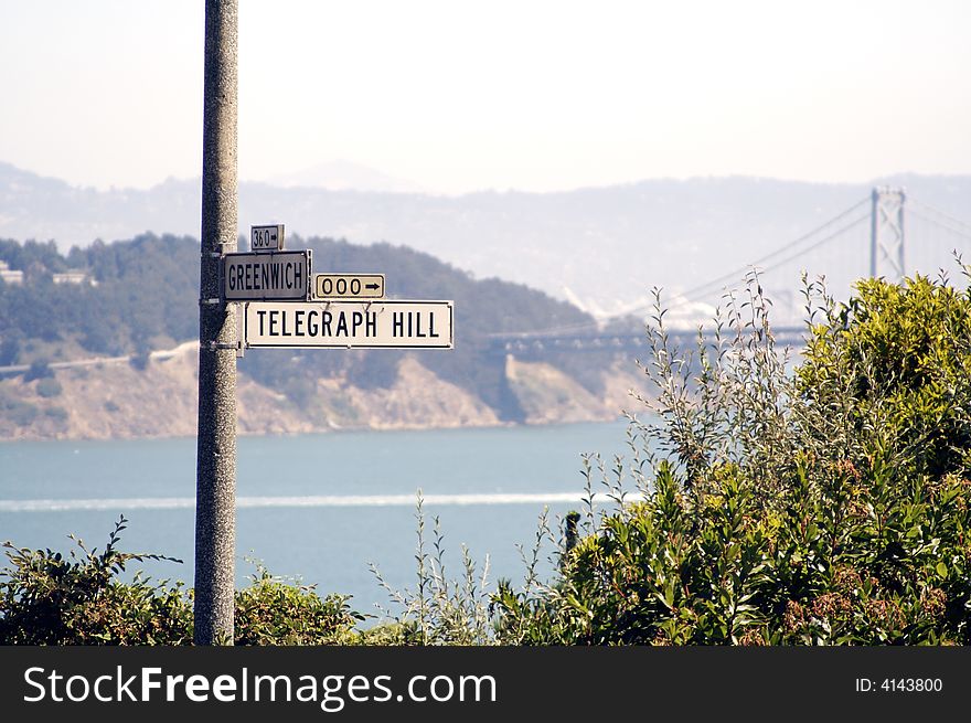 Telegraph Hill in San Francisco, with the Bay Bridge in the background