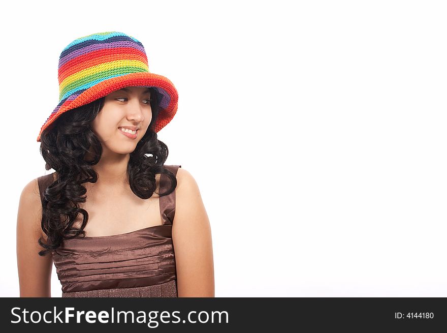Asian woman wearing  a summer hat looking at her left side