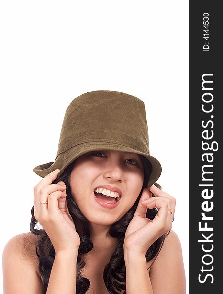 Happy young lady wearing a green hat