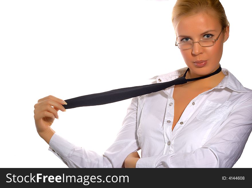 Sexy businesswoman with tie over isolated white background. Sexy businesswoman with tie over isolated white background