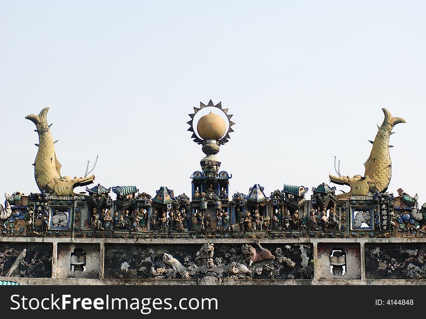 Ceramic scultpture on the top of a house,traditional south china ceramic sculpture,Ancestral Temple, Foshan,Guangdong，China ,Asia