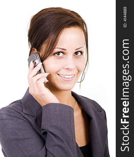 Woman Talking on the phone on isolated white background