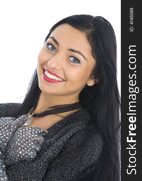 Portrait of the brunette with blue eye on white background